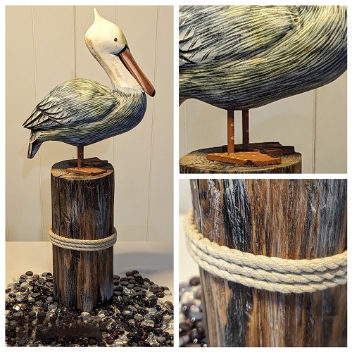 Carved Wooden Pelican on Dock Pole - Event Rentals - seaside prom rentals